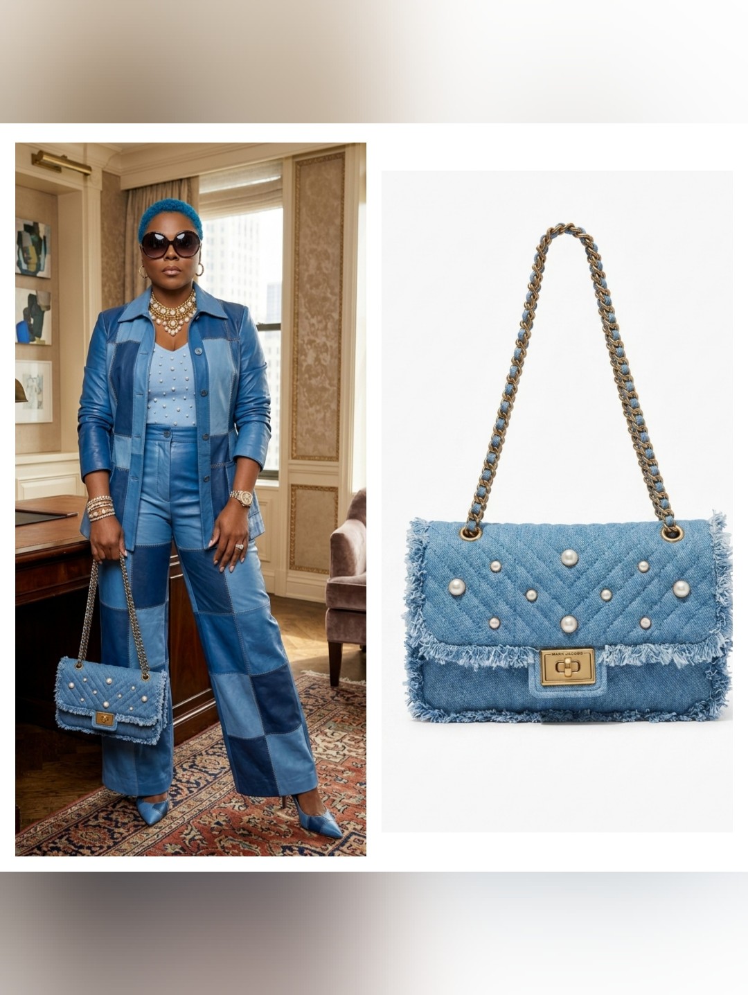 Karl Lagerfeld Denim Quilted Chain Shoulder Bag With Pearl Accents Nwt